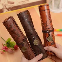 Criatividade Roll Up Pen lápis Sacos de estilos múltiplos de garoto de garoto Favor de bolsa de cosméticos Vintage Student School Sacos de papelaria de couro