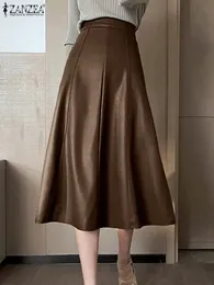 Spódnice Zanzea ol pu faux skóra Faldas Mujer A-line koreańska moda elegancka elegancka szwy midi spódnice kobiety wysoka talia długa spódnica 230418