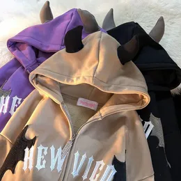 Trend artı Polar Little Devil Horn Hırgalı Hoodie S M LX LXXL XXXL Erkek ve Kadınlar Gevşek Yüksek Sokak Eşleşen Çift Ceket