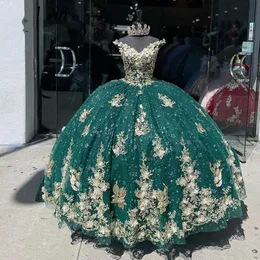 Abito da ballo verde principessa Quinceanera 2023 con spalle scoperte Abiti da ballo di compleanno con perline per ragazza Applicazioni con lacci sul retro