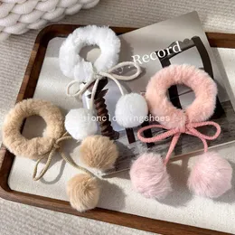Cute Plush Ball Bow Knot Hair Ropes Fluffy Ponytail Rope Sweet Scrunchies Autumn Winter Elastic Hair Bands For Women Girls