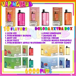 Original Doloda Extra Box 6000 Puffs Disponible Vaporizer Device Justerbar luftflöde 1,2hm Mesh COIL VAPE 12 ML 650mAh Batterisladdningsbar 10 smaker 2% 5% VAPE