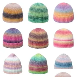 Beanie/Skull Caps Många färger Tie Dye Sticked Beanies Women Autumn Winter Thick Warm Hat Rainbow Hats Girl Outdoor Cap Delivery Dhygn