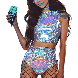 Kvinnors spårskidor Kvinnor Rave Holographic Bodysuit Mini 2st Hologram Metallic Crop Top and Shorts Outfits For Dance Party Clubwear 230417