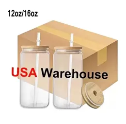 Armazém US 16oz Copo de vidro de sublimação Fosco Cola Lata Tampa de bambu Copo de cauda de cerveja Caneca de café de uísque Frasco de chá gelado