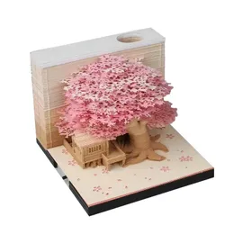Calendario Omoshiroi Block 3D Memo Note Cute Pink Tree house Regalo di Natale Carta adesiva Acylic Flip Box Craft Notepad Cancelleria 231117
