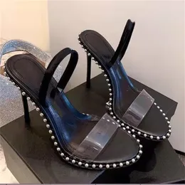 Sandali con strass firmati Scarpe con cinturino posteriore con borchie in vera pelle trasparente Pantofole con tacco a spillo alla moda Tacchi alti con punta a punta