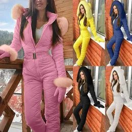 Kvinnors jumpsuits rompers vinter kvinnor mode en bit skid jumpsuit tjock het snowboard skisuit utomhus sport dragkedja skiddräkt hoodies skidbanor t231118