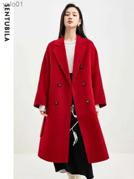 Misturas de lã feminina Sentubila 100% lã casaco de lã para mulheres inverno coreano comprimento médio dupla face duplo breasted casacos de outono com cinto W34O49252L231118
