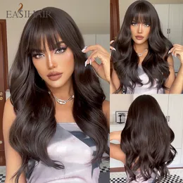 الباروكات الاصطناعية Easihair طويلة البني الأسود متموجة مع Bang Wave Hair شعر مستعار للنساء Cosplay يوميا ألياف مقاومة للحرارة 230417