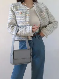 Damenjacken EVNISI Frauen Eleganter Tweed-Cardigan-Kurzmantel mit Tasche Einreiherjacke Lose Oberbekleidung für Frauen Herbst Winter 231117