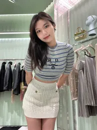 2023 Summer New Women's T-Shirt Slim Fit Knited Letter Print Pullover Short Sleeve Crop Tops Sexy Designer Brand Striped Tees
