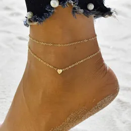 Braccialetti alla caviglia con cuore iniziale con lettera iniziale di cavigliera a strati fatti a mano in oro 14 carati per regali di gioielli da spiaggia per donne