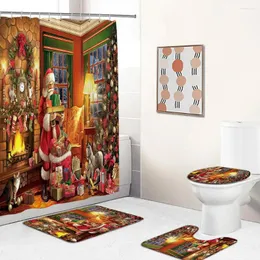 シャワーカーテンクリスマスカーテンバスマットセットサンタクロース暖炉冬の油絵の年の浴室の装飾ノンスリップトイレの蓋敷物