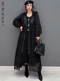 女性用ジャケットShengpalae Woman Hollow Out Printing Hooded Trench Coat Roose Zipper Cardigan Blackアウターウェア服2023 Spring 5R1164 230418