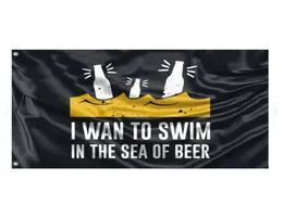 Flaggen-Banner „I Want To Swim In Sea Of Beer“, 90 x 150 cm, 100D-Polyester, für Sport, hohe Qualität, lebendige Farben, mit zwei Messingösen, 7679836