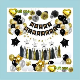 Dekoracja imprezy czarny złoty balon flaga PL Układ urodzinowy Ryba Tassel Paper Paper Flower Ball Pięcioosobowe opakowanie gwiazd