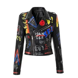 Women's Pu Leather Jackets Graffiti Floral Letter Print Punk Motorcycle Biker Zip Rivet Waist Woman's Coats Contrast Color Outerwear 1687