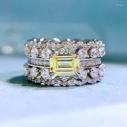 Cluster Rings Bijoux S925 Sterling Silver Hand Femme Jaune Diamant Incrusté De Luxe Géométrique Double Rangée Pleine Entière