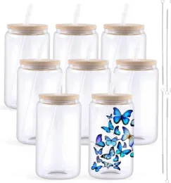 USA Warehouse Vasos de sublimación de vidrio transparente de 16 oz con tapa de bambú Fácil de sublimar tazas en blanco DIY para tazas de café helado CA Warehouse