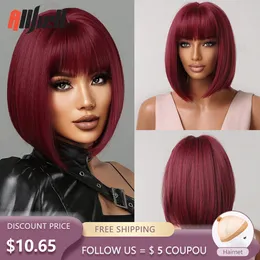 Synthetic Wigs Short Wine Red Syntnetic Straight Hair Wig with Bangs Bob for Black Women Afro Cosplay Party Heat Resistant 230419