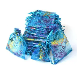 Blue Coralline Organza Drawstring Jewelry Packaging Pouches Party Candy Wedding Favor Gift Bags Design Sheer with Gilding Pattern 266O