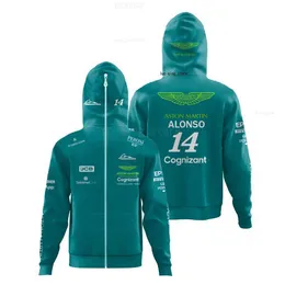 Mens Hoodies 스웨트 셔츠 2023 New F1 레이싱 야외 극단 스포츠 대형 zip Up Aston Martin 팀 14 Alonso Fan Hoodies Street Jacket