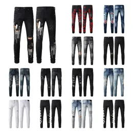 Jeans roxo jeans designer para homens calça jeans empilhados homens baggy denim lágrimas europeu jean hombre mens calças calças motociclista bordado rasgado para tendência 24 estilos
