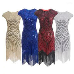 Casual Dresses XS-3XL Kvinnors 1920-tal PESKIN BEADED TASSLES HEM FLAPPER DRESSELESS SILVER TRÅD FRANGE STOR GATSBY Party