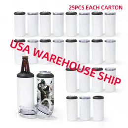 USA Warehouse 16oz Drinking Tumbler 12oz SubliMation 4 i 1 Can Cooler Passar för 12 Ounce Standard Can Skinny Burs ölflaska med två lock