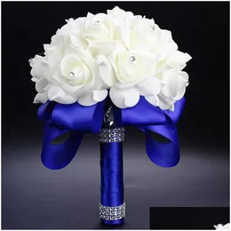 Партийные подарки Элегантная роза искусственные свадебные цветы Букет невеста Кристалл Королевская Голубая шелковая лента Бук де Нуйвабл.