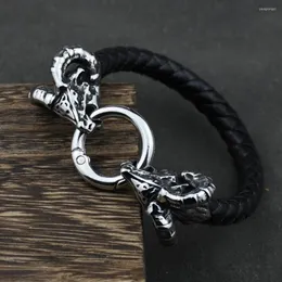 Charm Bracelets Viking Goat Head Men Stainless Steel Vintage Bangles Rune Amulet Leather Icelandic Jewelry
