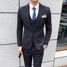 メンズスーツPlyesxale Burgundy Black Blue Plaid Suit Men Slim Fit Groom Wedding 3 PCS高品質のドレスビジネスQ278