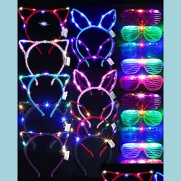 Andra evenemangsfestleveranser Led Light Up Glasses Rabbit Cat Ear Crown pannband Neon Mardi Gras Glödande fönsterluckor Egyar Födelsedag We Dhr3f