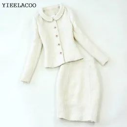 Klänning ensemble veste + jupe en tweed pour femmes nouveau stil blanc automne/hiver manches longues pompon costume yrken m