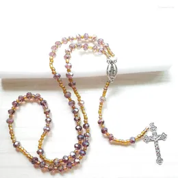 Anhänger Halsketten QIGOThe Strang Rosenkränze Lila Kristallperlen Kreuz Halskette Lang Katholischer Schmuck Für Frauen