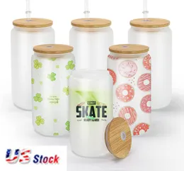 US Warehouse 16oz Sublimation Glass Beer Mugs Bamboo Lids Straw Tumblers DIY Blanks Cans Heat Transfer Cocktail Iced Coffee Cups Whiskey Glasses Mason Jars