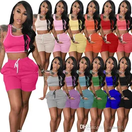 Casual Women Tracksuits Designer 2 Piece Short Set Sexig Crop Tank Top Vest and Shorts With Pockets Sports Sportwear