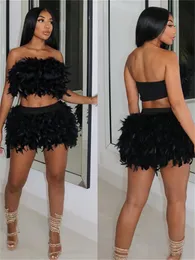 Zweiteiliges Kleid Habbris Herbst Sexy Feather 2 Sets Club Outfit für Frauen Trägerloses Crop Top und Rock Female Matching 230419