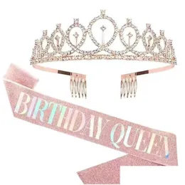 Autres fournitures de fête d'événement Bling strass cristal couronne diadème anniversaire anniversaire décoration heureux 18 21 30 40 50e ceinture en satin Dhikv