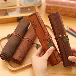 Retro Treasure Map Roll Pencil Case Pu Leather Big Capacity Pen Bag Makeup Brush Pouch Pouch Pencilcase School Stationery Supplies