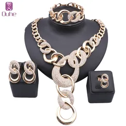 Dubai Kristall Smycken Set Design för kvinnor Bröllop Brud Halsband Brazili Guld Färg Collar Party Present Örhängen Armband Ring