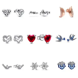 925 Sterling Silver Pandora örhängen Glittrande Oändligt Hjärta Blå Trefärgad Kläder Blomdekoration Bröllopspresent för kvinnor Modesmycken