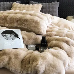 Yatak takımları sahte tavşan kürk kadife polar pelek peluş yumuşak sıcak lüks 4pcs set süper rahat yorgan yatak tabakası yastık 231118