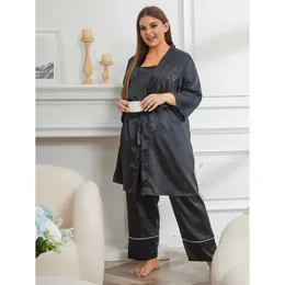 بيجاما كبيرة الحجم من النساء السمين MM200 Catty Satin Light Luxury Luxury Morning Supender Pants Suit Home Three Set