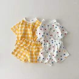 Clothing Sets 2023 Summer Baby Girls Clothes Set O-neck Heart Print Tees Boys T-shirt Plaid Shorts 2Pcs Korean Infant Suits Toddler Casual