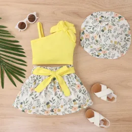 Summer Kids Girls Clothing Set Bowknot Top with Florals Skirt Hat Chlildren Girl 3pcs مجموعات السببية