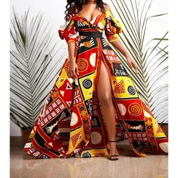 Etniska kläder afrikanska kvinnor klänning dashiki tryck ankara klänningar sommar sexig vneck backless highwaist maxi klänning kanba kläder 230419