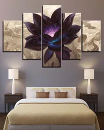 Moderne Leinwand, HD-gedrucktes Poster, Rahmen, Bebroom-Dekor, 5 Stück, schwarze Lotus-Gemälde, modulare Wandkunst, abstrakte Blumenbilder3848813