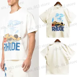 Herr t -shirt rhude 23SS Spring Summer New Women's Tide Brand Oversize Coconut Racing Alphabet Print Kort ärm TEES T230419